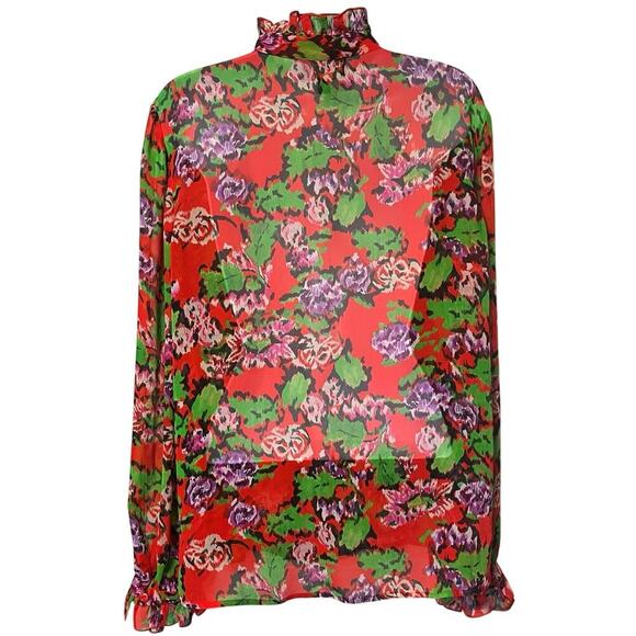 Saloni Emile Georgette Sheer Top 100% Silk Size 8 Floral Cherry Damask Tie Neck - Picture 4 of 7